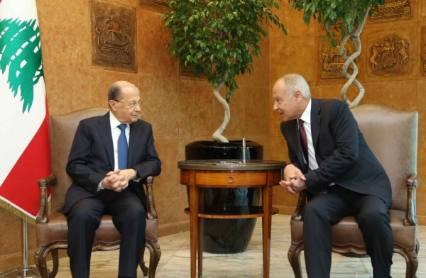 Arab League Secretary General Ahmed Aboul Gheit speaks with President Michel Aoun in this file photo
