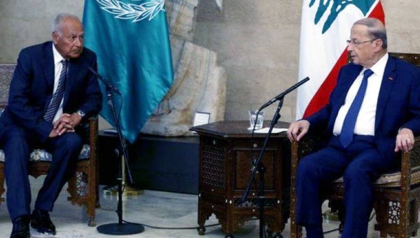 Arab League President Secretary-General Ahmed Aboul Gheit meets of the Lebanese President Michel Aoun at Baabda Palace.