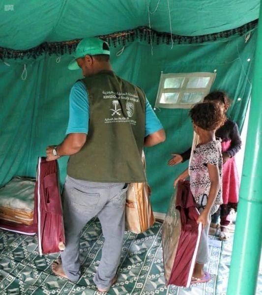 As part of the aid campaign, tents, blankets and rugs are being distributed to the families who have lost their shelters due to the rains and torrential floods in the two governorates. — SPA photos