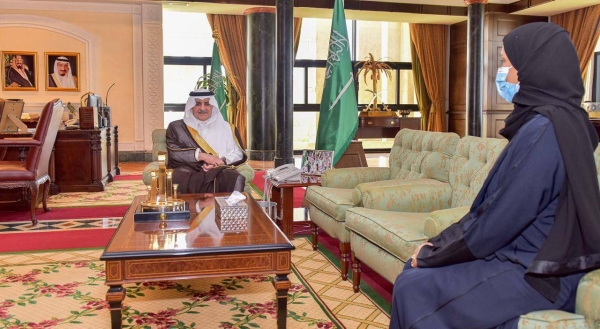 Emir of Tabuk Region Prince Fahd Bin Sultan receives Dr. Khulood Al-Khamis in his office on Monday. — SPA photo