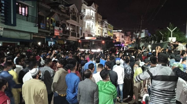 Protesters gather outside a police station in the south Indian city of Bengaluru on Tuesday night, seeking action against an objectionable Facebook post. — Courtesy photo