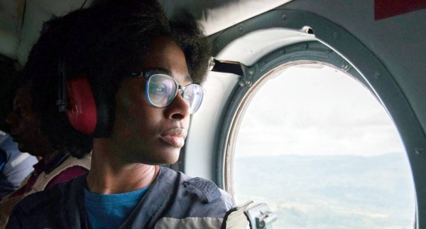 

Marie-Roseline Darnycka Bélizaire, an epidemiologiist with the World Health Organisation team tackling the Ebola outbreak in the Democratic Republic of the Congo, travels by helicopter to Butembo in the east of the country. — courtesy WHO/Lindsay Mackenzie