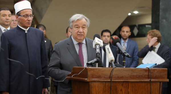 

Secretary-General António Guterres speaks at the Al-Azhar Mosque in Cairo, expressing his solidarity and underscoring the need to fight the scourge of Islamophobia, as well as all forms of hatred and bigotry in the April 2, 2019, photo. — courtesy UN Photo/Mahmoud Abd ELLatiff