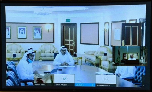  Supervisor-General of the King Salman Humanitarian Aid and Relief Center (KSRelief), Abdullah Al-Rabeeah, held a virtual meeting on Tuesday with the Director-General of Abu Dhabi Fund for Development Mohammed Saif Al-Suwaidi. — SPA photos