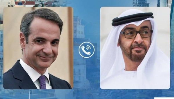 Abu Dhabi Crown Prince Sheikh Mohamed bin Zayed Al Nahyan reviewed the prospects of further advancing the privileged relations between the United Arab Emirates and Greece on all fronts with the Greek Prime Minister Kyriakos Mitsotakis. — WAM photo