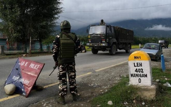 Army convoy moves along Srinagar-Leh national highway in Ganderbal district, Monday. — Courtesy photo
