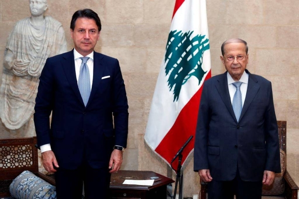 Lebanese President Michel Aoun (right) meets with Italian Prime Minister Giuseppe Conte at the Presidential Palace in Baabda, east of Beirut, Tuesday. — Courtesy photo
