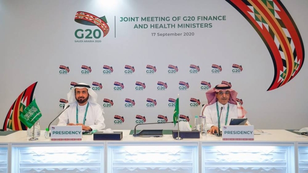 Health Minister Dr. Tawfiq Al-Rabiah and Minister of Finance Mohammed Al Jadaan at the Joint G20 Finance & Health Ministers meeting.