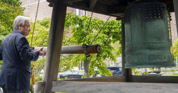 
UN Secretary-General António Guterres rings the peace bell at UN Headquarters in New York. — courtresy UN Photo/Mark Garten