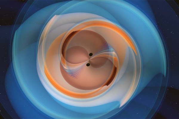 This artist's concept illustrates a hierarchical scheme for merging black holes. LIGO and Virgo recently observed a black hole merger with a final mass of 142 times that of the sun, making it the largest of its kind observed in gravitational waves to date. — courtesy LIGO/Caltech/MIT/R. Hurt (IPAC)