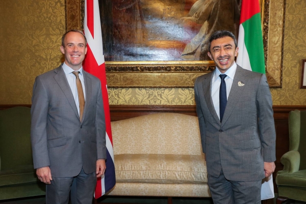 Foreign Minister of the United Arab Emirates Sheikh Abdullah bin Zayed Al Nahyan, right, met with British Foreign Secretary Dominic Raab. — WAM photo