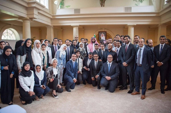 File photo of the Crown Prince Muhammad Bin Salman with Saudi students in the United States. — SPA