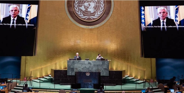 Šefik Džaferović (on screen), chairman of the Presidency of Bosnia and Herzegovina, addresses the general debate of the General Assembly’s seventy-fifth session. — UN Photo/Eskinder Debebe