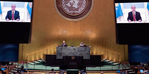 President Kassym-Jomart Tokayev (on screen) of Kazakhstan addresses the general debate of the General Assembly’s seventy-fifth session. — courtesy UN Photo/Eskinder Debebe