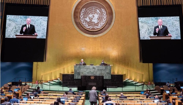 President Barham Salih (on screen) of Iraq addresses the general debate of the General Assembly’s seventy-fifth session. — courtesy UN Photo/Eskinder Debebe