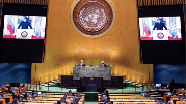 President Nicolás Maduro Moros (on screen) of Venezuela addresses the general debate of the General Assembly’s seventy-fifth session. — courtesy UN Photo/Rick Bajornas