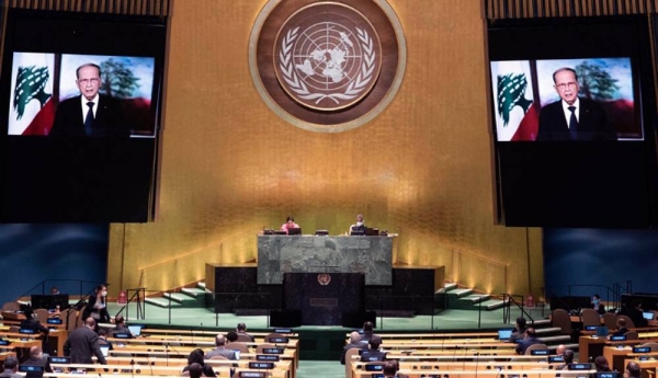 President Michel Aoun (on screen) of the Lebanese Republic addresses the general debate of the General Assembly’s seventy-fifth session. — courtesy UN Photo/Evan Schneider