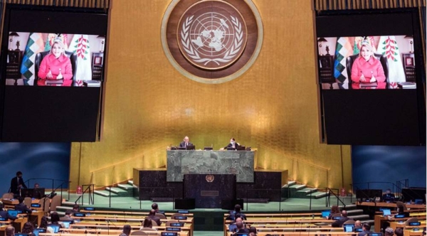 
Jeanine Añez Chávez (on screen), Constitutional President of the Plurinational State of Bolivia, addresses the general debate of the General Assembly’s seventy-fifth session. — courtesy UN Photo/Rick Bajornas