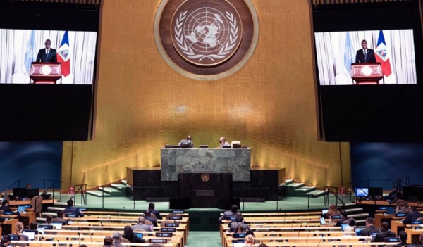 President Jovenel Moïse (on screen) of Haiti addresses the general debate of the General Assembly’s seventy-fifth session. — courtesy UN Photo/Evan Schneider