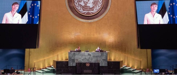 President Kersti Kaljulaid (on screen) of Estonia addresses the general debate of the General Assembly’s seventy-fifth session. — courtesy UN Photo/Eskinder Debebe