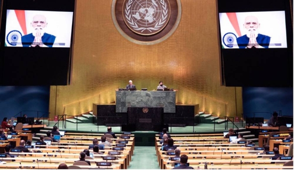 
Prime Minister Narendra Modi (on screen) of India addresses the general debate of the General Assembly’s seventy-fifth session. — courtesy UN Photo/Evan Schneider