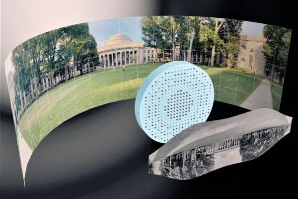 3D artistic illustration of the wide-field-of-view metalens capturing a 180° panorama of MIT’s Killian Court and producing a high-resolution monochromatic flat image.” Credits: Mikhail Shalaginov, Tian Gu, Christine Daniloff, Felice Frankel, Juejun Hu