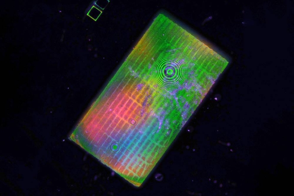 3D artistic illustration of the wide-field-of-view metalens capturing a 180° panorama of MIT’s Killian Court and producing a high-resolution monochromatic flat image.” Credits: Mikhail Shalaginov, Tian Gu, Christine Daniloff, Felice Frankel, Juejun Hu