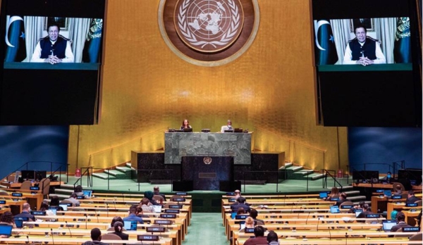 
Prime Minister Imran Khan (on screen) of Pakistan addresses the general debate of the General Assembly’s seventy-fifth session. — courtesy UN Photo/Rick Bajornas