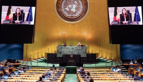 Prime Minister Sophie Wilmes (on screen) of Belgium addresses the general debate of the General Assembly’s seventy-fifth session. — courtesy UN Photo/Rick Bajornas