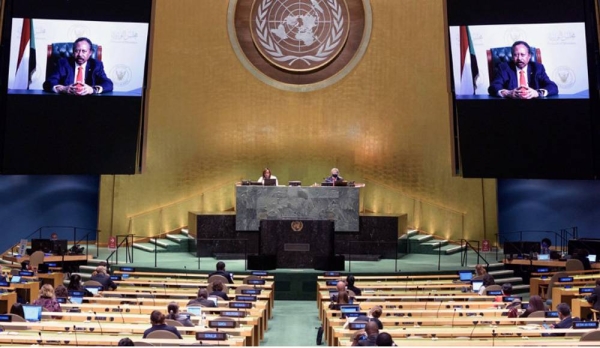 
Prime Minister Abdalla Adam Hamdok (on screen) of the Republic of the Sudan addresses the general debate of the General Assembly’s seventy-fifth session. — courtesy UN Photo/Manuel Elias