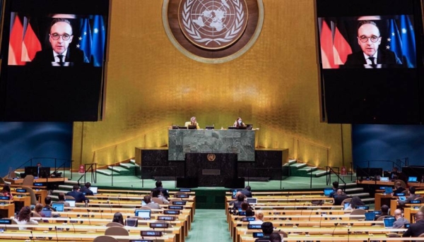 Foreign Minister Heiko Maas (on screen) of Germany addresses the general debate of the General Assembly’s seventy-fifth session. — courtesy UN Photo/Rick Bajornas