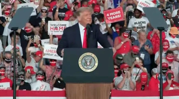 A video grab of US President Donald Trump back on the campaign trail with a MAGA rally in Sanford, Florida on Monday.