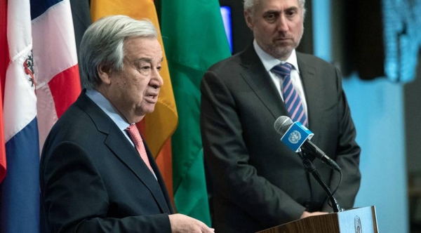 
File photo shows Secretary-General António Guterres briefs reporters at UN Headquarters last February. Alongside him is UN Spokesperson, Stéphane Dujarric. — courtesy UN Photo/Evan Schneider