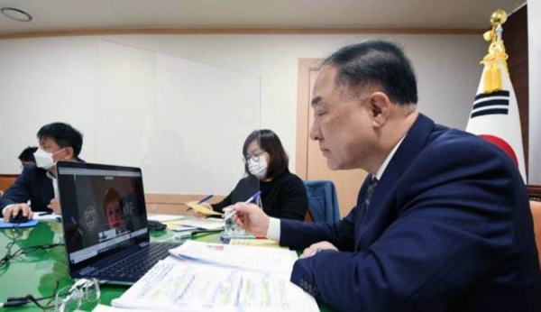 Finance Minister Hong Nam-ki during the virtual meeting with IMF Director Kristalina Georgieva. — courtesy Ministry of Economy and Finance