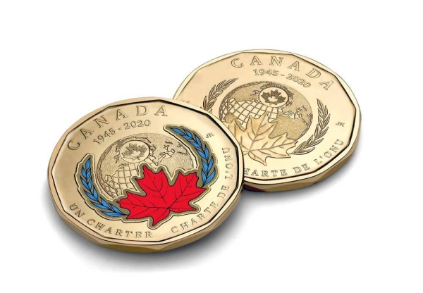 The Royal Canadian Mint's colored Loonie marking the 75th anniversary of the signing of the UN Charter