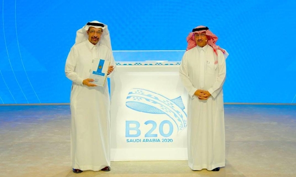 Minister of Investment Eng. Khalid Bin Abdulaziz Al-Falih, left, who received the final communiqué of B20 Summit on behalf of the Custodian of the Two Holy Mosques King Salman, stressed that most of the B20 priorities are similar to the current transformations in the Kingdom of Saudi Arabia.