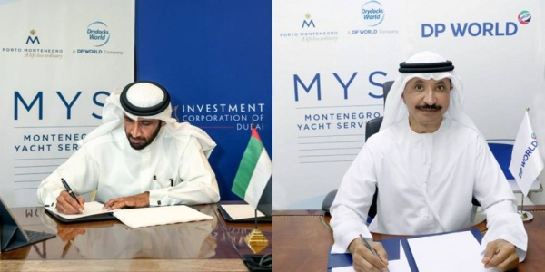 Adriatic Marinas Chairman Mohammed I. Al Shaibani, left, and Sultan Ahmed Bin Sulayem, group chairman and CEO of DP World, during the signing ceremony.