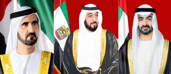 UAE President Sheikh Khalifa Bin Zayed Al Nahyan, center, Sheikh Mohammed Bin Rashid Al Maktoum, vice president, prime minister and ruler of Dubai, left, and Sheikh Mohamed Bin Zayed Al Nahyan, crown prince of Abu Dhabi and deputy supreme commander of the UAE Armed Forces.