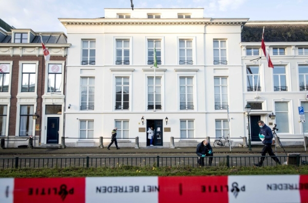 Dutch police roped off the area around Saudi embassy, center, in The Hague, Netherlands, Thursday, Nov. 12, 2020, after several shot were fired at the building early in the morning. Nobody was injured and police were investigating. (Photo Credit: shutterstock)