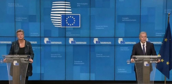 European Commissioner for Home Affairs Ylva Johansson, left, making a statement.