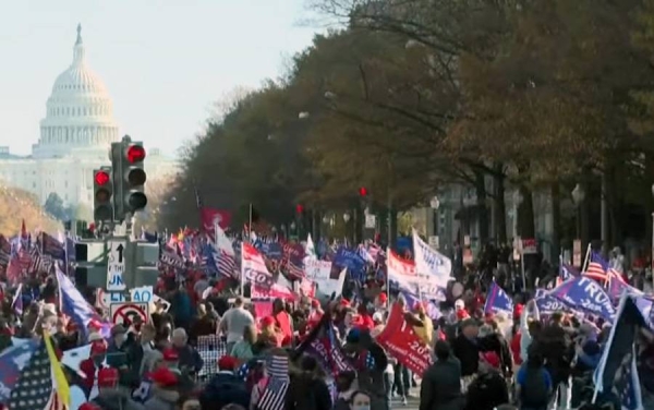 A video grab shows a section of Donald Trump's supporters staging a rally in Washington DC on Saturday.