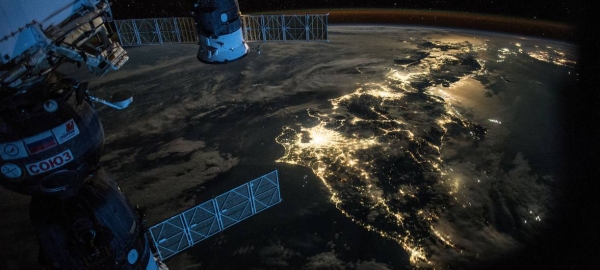 A night Earth observation photograph taken from the International Space Station, as it passes over Japan. Such images provide important information on atmospheric and ground-level conditions. — Courtesy NASA