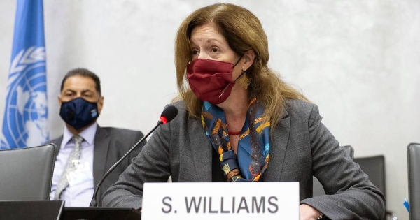 
Acting Special Representative of the Secretary-General Stephanie Williams hosts the fourth round of the 5 5 Libyan Joint Military Commission, Palais des Nations on Oct. 19, 2020. — courtesy UN Photo/Violaine Martin