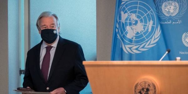 The UN Secretary-General António Guterres prepares to brief the media on the upcoming G20 Summit. — courtesy UN Photo/Mark Garten