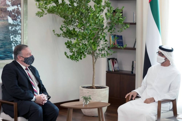 Sheikh Mohamed Bin Zayed Al Nahyan Crown Prince of Abu Dhabi Deputy Supreme Commander of the UAE Armed Forces (R), meets with Michael R. Pompeo, Secretary of State of the United States of America (L), at Al Shati Palace.