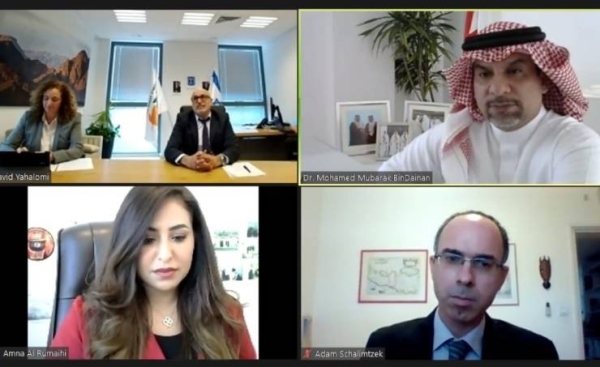 Bahrain’s Supreme Council for Environment (SCE) chief Dr. Mohammed Mubarak Bin Dainah met virtually on Tuesday with the Director-General of the Israeli Ministry of Environmental Protection David Yahalomi. — BNA photo
