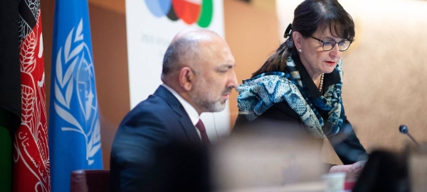 Mohammad Haneef Atmar (left), Minister of Foreign Affairs of Afghanistan confers with Deborah Lyons, Special Representative of the Secretary-General of the United Nations for Afghanistan at the UN in Geneva. — Courtesy photo