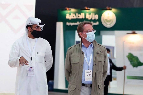 French Ambassador Ludovic Pouille seen holding a falcon during his visit to the King Abdulaziz Falconry Festival on Saturday.