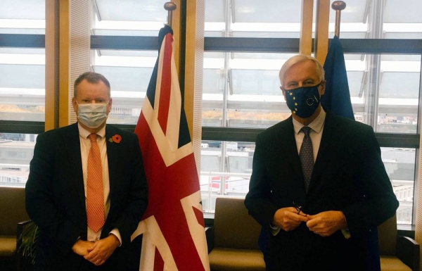 Britain's chief negotiator David Frost and EU chief negotiator Michel Barnier meet at the EU HQ in Brussels in a last-ditch effort to arrive at a Brexit deal.