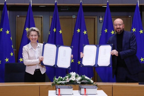 European Council President Charles Michel and European Commission President Ursula von der Leyen signed on behalf of the European Union on Wednesday morning. — Courtesy photo
